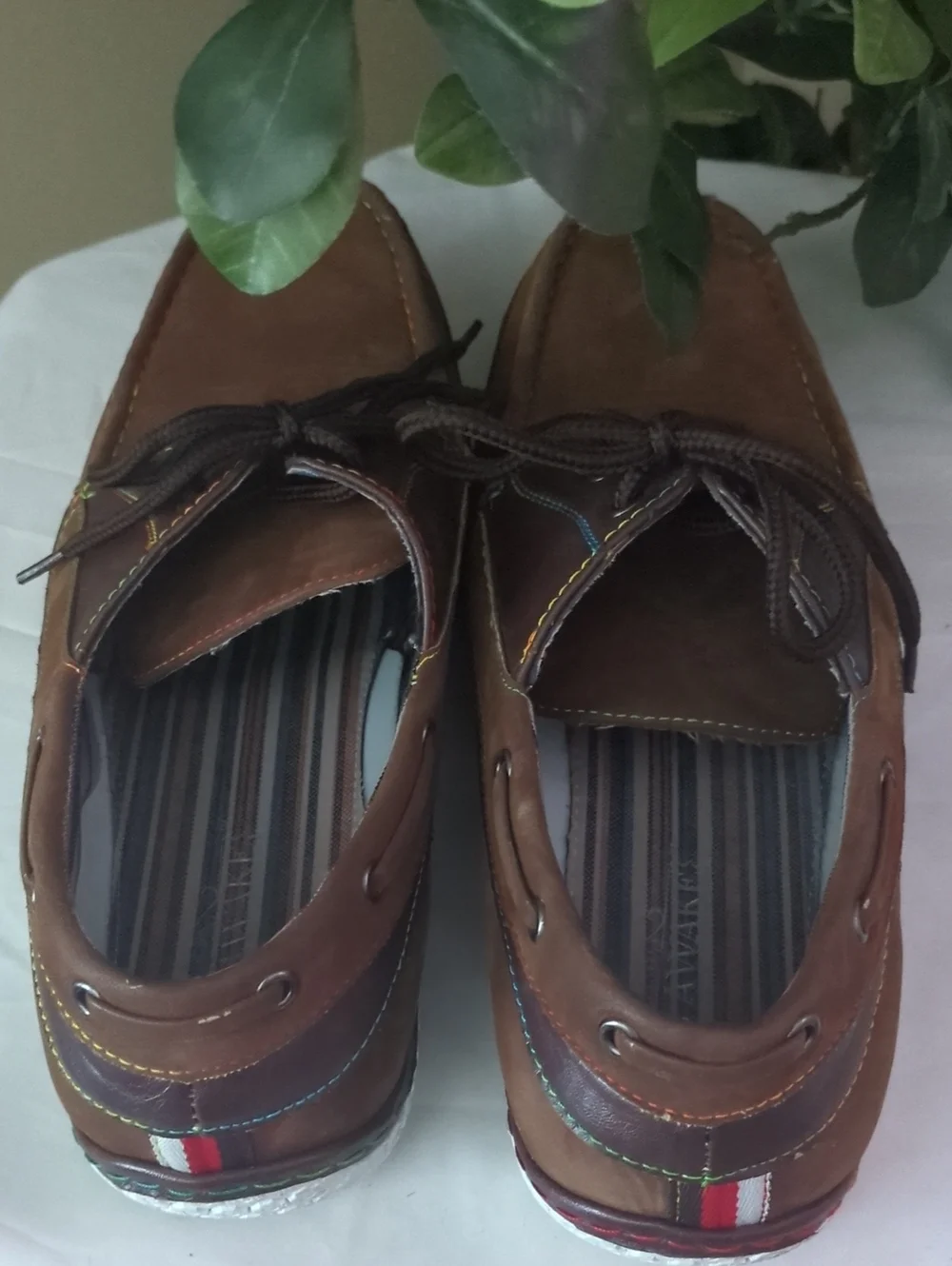 J's Awake Brown Leather Boat Shoes with Multicolor Stitching